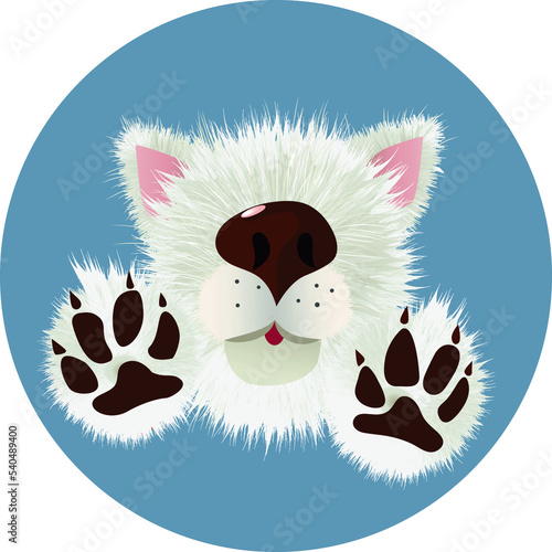 Cute furry muzzle of a dog with paws. icon, card, beautiful cartoon, vector illustration