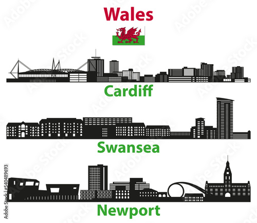 Wales cities skylines silhouettes vector set