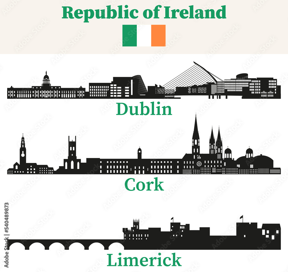 Obraz premium Republic of Ireland cities skylines silhouettes vector set