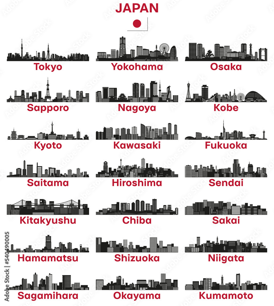 Japan cities skylines silhouettes vector set
