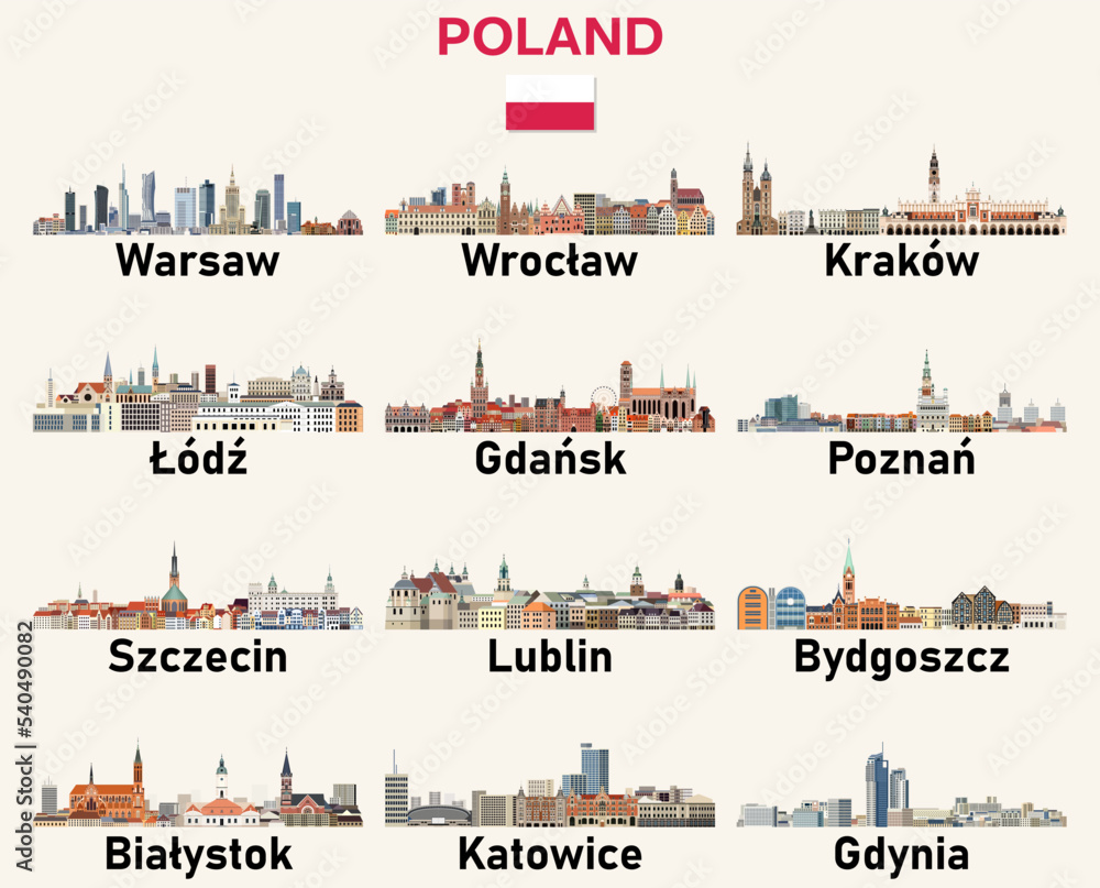 Poland cities skylines vector illustrations set