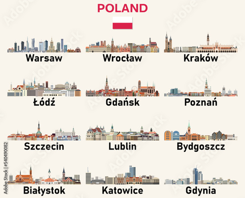 Poland cities skylines vector illustrations set