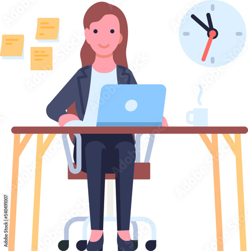 Business woman character. Female clerk working with laptop. Office workplace. Employee in formal wear. Businesswoman sitting at table. Note papers and clock dial. Vector illustration