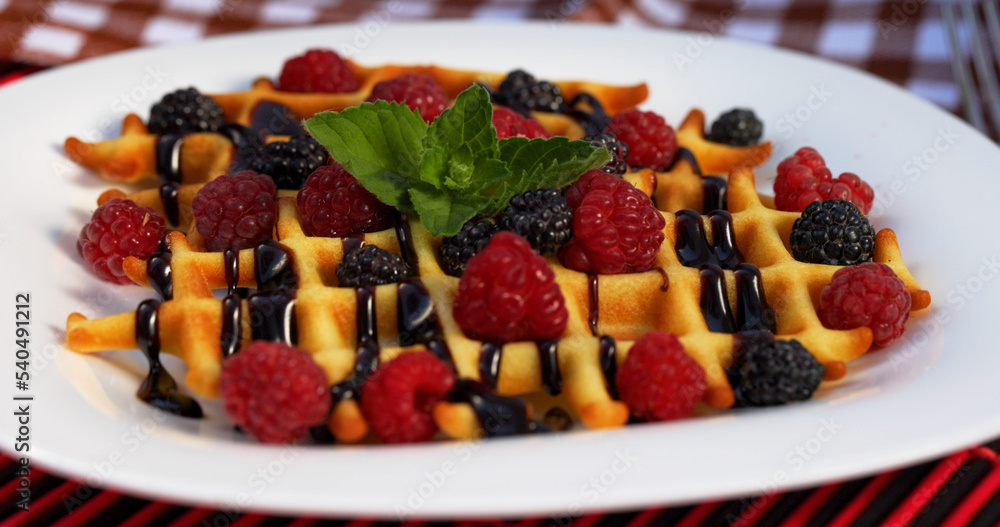 Waffles Topping Berries Pour Chocolate Healthy Food Sweet Dessert Cooking Viennese Waffles Bakery Kitchen Cafe Plate Delicious Belgium Waffles Raspberry Blackberry Mint Ingredients