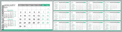 Wall monthly photo calendar 2023 in english. Desk calendar 2023. Layout for 2023 in English. Calendar for 2023, templates for 12 months. The week starts on Monday. Vector illustration