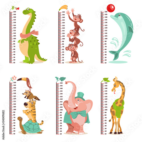 Cartoon kids growth rulers. Wall meters with funny tropical animals. Childish measuring centimeter scales. Monkeys and dolphin. Dinosaur or elephant. Splendid vector stadiometers set