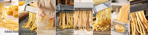 Collage with many pasta machines and dough