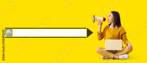 Photography Screaming woman with megaphone, laptop and search field on yellow background