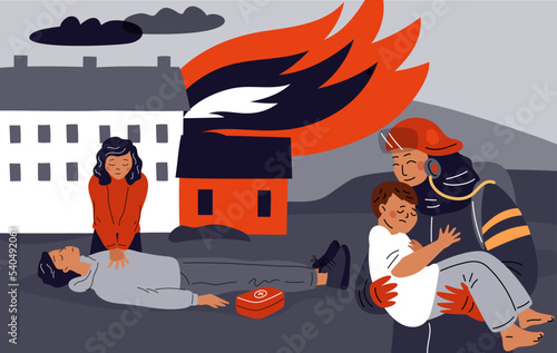 Emergency fire department help. Flame extinguishing process. Firefighters rescue victims from burning house. First aid. Fireman carrying kid. Unconscious person. Garish vector concept