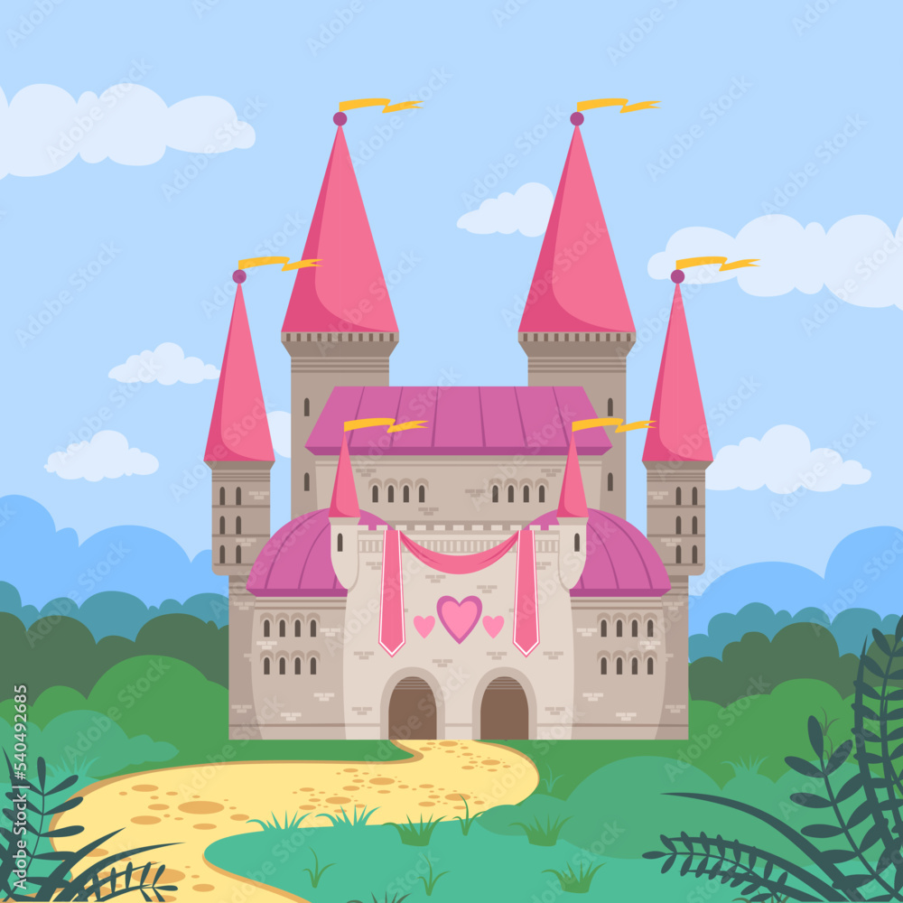 Fairy tale castle. fantasy background with big cartoon medieval castle