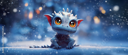 cute baby dragon in a winter forest on a winter day. christmas dragon.