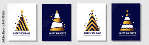 Christmas holiday cards, fir tree and congratulation text. Happy modern new year poster collection, geometric greeting fashion posters. Pine plants golden gradient. Vector design background