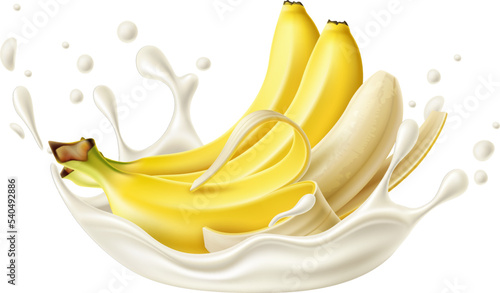 Realistic yogurt fruit splashes. Banana bunch. Fermented milk drops and liquid burst. Cream beverage splatters. Dairy product taste. Tropical plant flavor. Vector healthy food ingredient