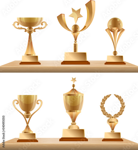 Trophy cups on shelves. awards for sport competition winners. Vector golden trophy