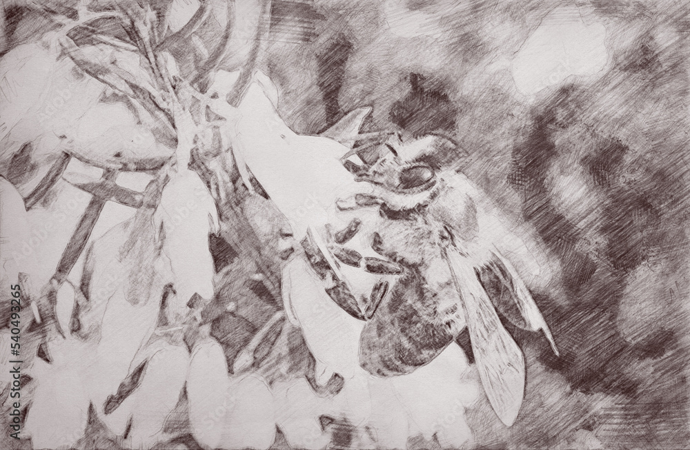 Obraz premium Bee pollinating a flower. Charcoal or graphite drawing