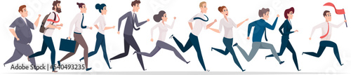 Business running. Male and female characters managers running at work happy team exact vector business crowd