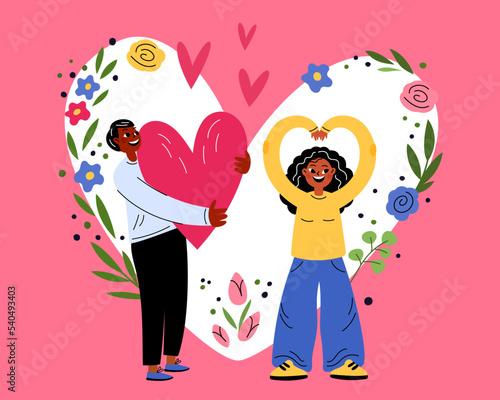 Valentine Day people. Guy gives girl cute heart. Romantic couple. Love holiday celebration. Happy boyfriend and girlfriend dating. Flowers and romance symbol. Garish vector concept