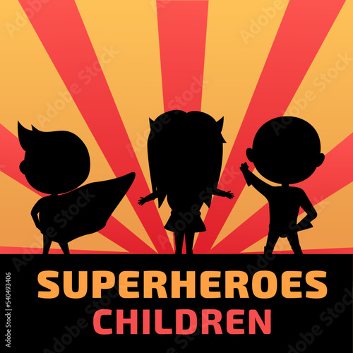 Child superhero silhouette, brave boy and girl. Super hero recognition, people family day with son and daughter. Fantastic justice fighters in capes vector poster recent on striped background