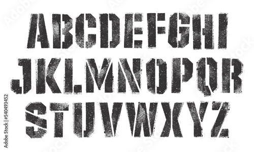 Stencil font with spray paint texture with mis-printed overspray. Highly detailed vector textures taken from high res scans. Compound path and optimised. Original design font photo