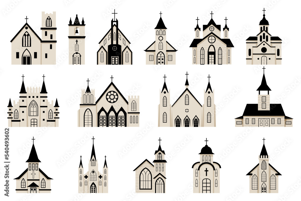 Church buildings. Religion architecture. Monastery and belfry. Tower with bells. Catholic Christian religious house. Temple facade. Garish Christ town emblems set. Vector design concept