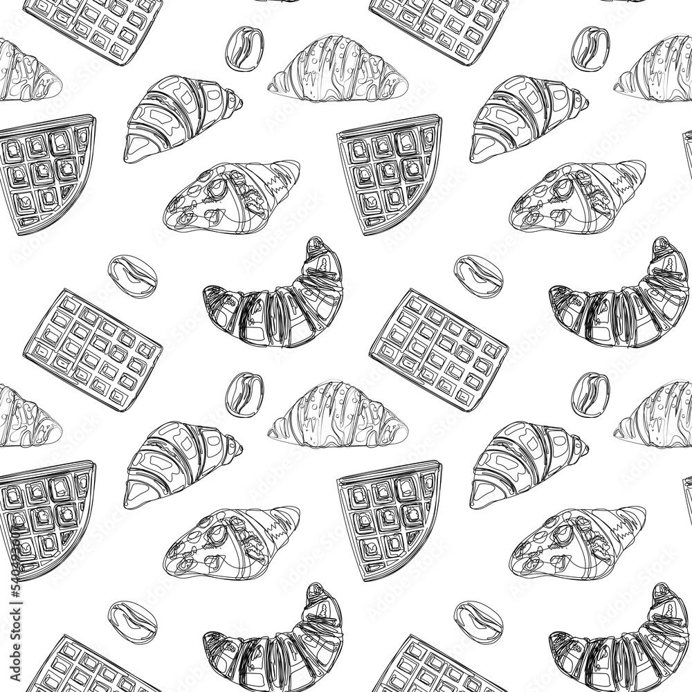 Croissants, waffles and coffee beans seamless pattern. Black and white pattern. For packaging, paper, backgrounds. Croissants, waffles and coffee beans seamless pattern. Black and white pattern. For packaging, paper, backgrounds.
