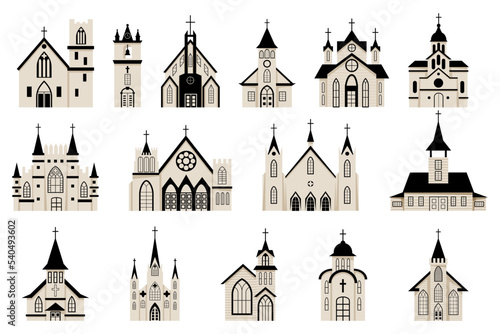 Church buildings. Religion architecture. Monastery and belfry. Tower with bells. Catholic Christian religious house. Temple facade. Garish Christ town emblems set. Vector design concept