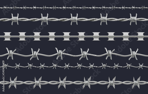 Barbed wire. Realistic template of different types of steel barrier for prisons decent vector set