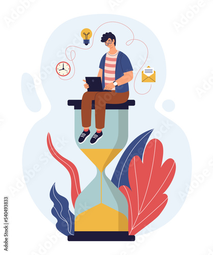 Deadline time. Work on sand clock with laptop, hourglass and business man, workaholic with computer, productivity employee character. Vector cartoon flat illustration deadline concept