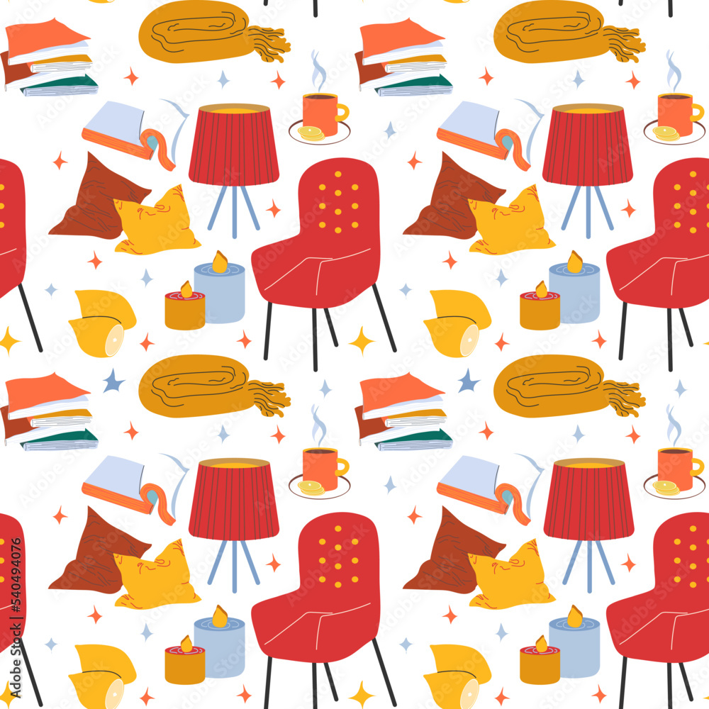 Cozy interior hygge seamless pattern vector illustration. Home decor and leasure time elements. Warm bright palette. Tea time. Flat style Vector illustration 