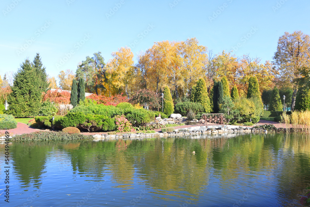 Autumn park in Mezhyhirya (former ex-president residence of President Yanukovych) in Kyiv region, Ukraine	