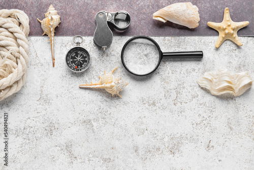 Compass, magnifiers, rope a...