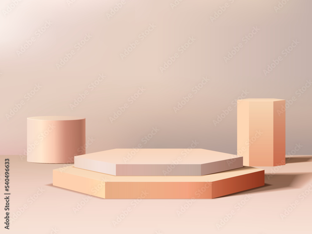 Blank product polygon podium and geometry stand with beige background for product. Cream. Podium product vector. 3d Illustration Blank product polygon podium and geometry stand with beige background for product. Cream. Podium product vector. 3d Illustration