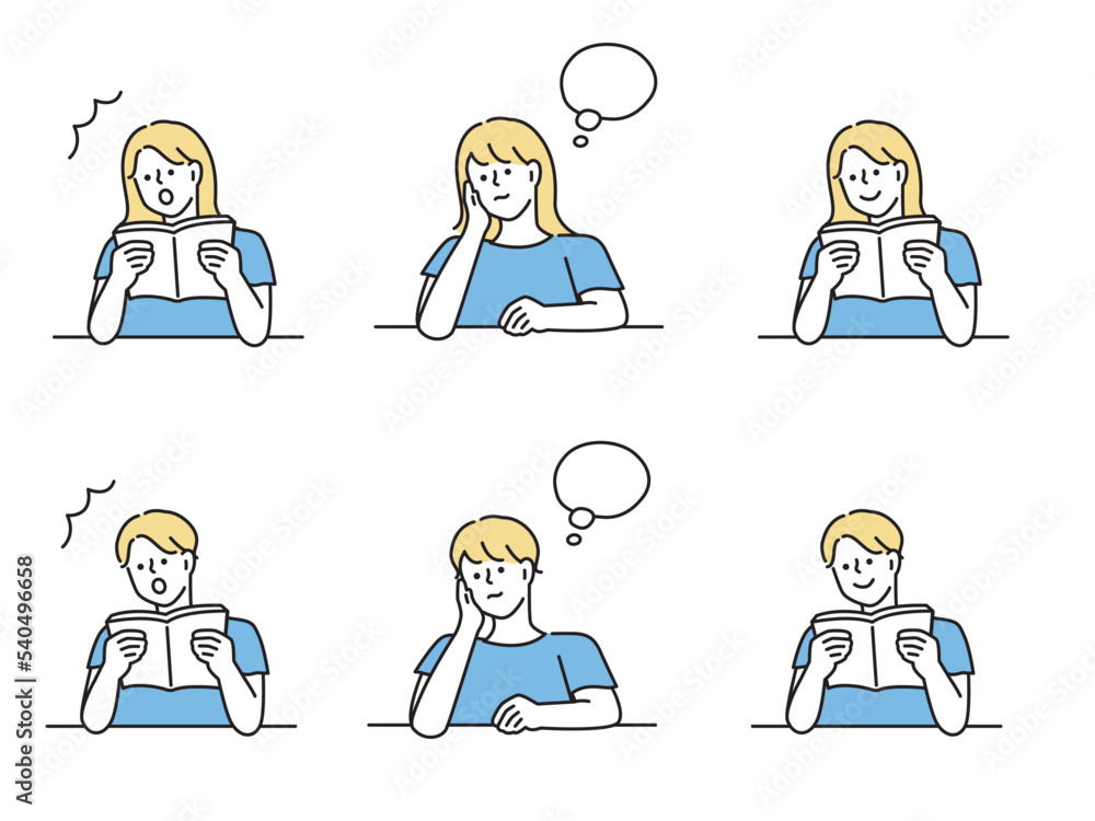 考える男女のイラスト(疑問、勉強、読書、悩む、驚く、心配) Illustrations of men and women thinking.Questions, studies, reading, worries, surprises, worries. 考える男女のイラスト(疑問、勉強、読書、悩む、驚く、心配) Illustrations of men and women thinking.Questions, studies, reading, worries, surprises, worries.