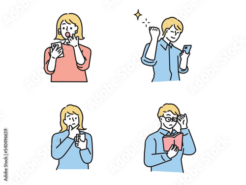 スマートフォンを持った男女のイラスト(スマホ、SNS、副業、キャッシュレス、ネットワーク、読書)
Illustrations of men and women holding smartphones.Smartphone, SNS, side job, cashless, network, reading.