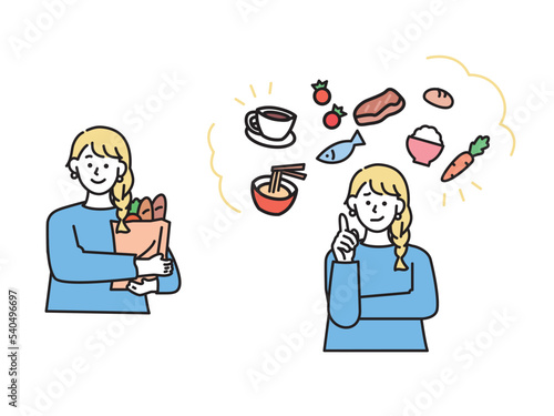 献立のイラスト(健康、バランス、食事、栄養、ダイエット、食習慣、一人暮らし) Illustration of the menu.Health, balance, diet, nutrition, diet, eating habits, living alone.