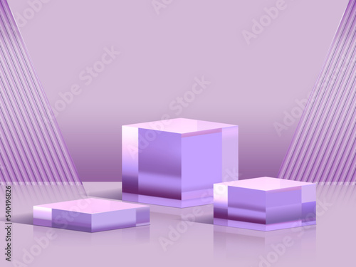 3d vector glass box puple cube and geometry backdrop translucent, cosmetics showcase with minimal scene. 3d Illustration