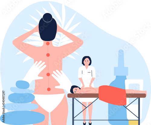 Body massage manipulations. Medicine treatment or rehabilitation on osteopath. Spa relaxing, wellness and back treatment. Chiropractor work recent vector concept