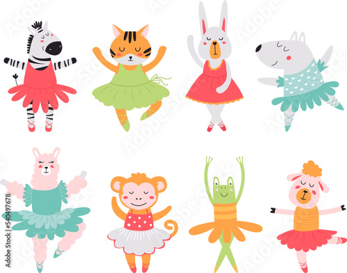 Cartoon isolated ballerina animals. Dancing bunny, zebra and tiger. Ballet animal dance, funny scandinavian style classy childish vector clipart