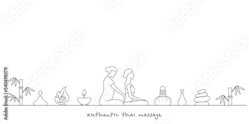Authentic thai massage. Vector banner template with  icons for thai massage  and text space. Silhouette of a woman getting traditional thai  massage. EPS10