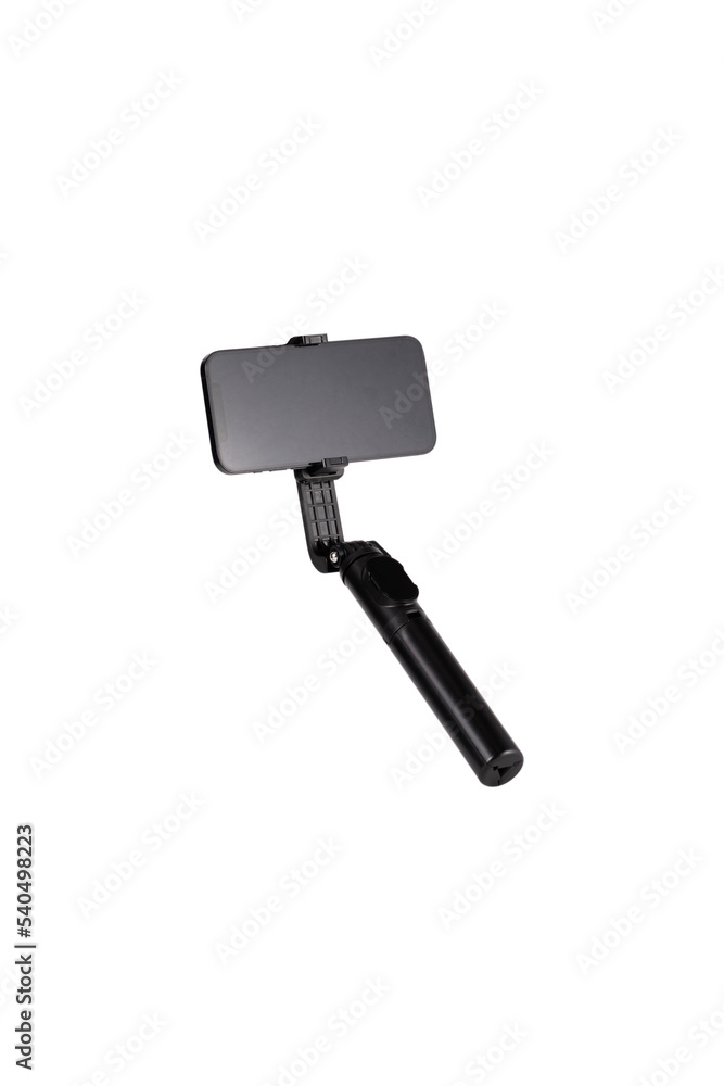 a selfie stick with an isolated phone without a shadow clipping contour, a mobile phone for the convenience of photographing, phone accessories on a white background are isolated