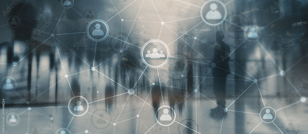 Social media. People relation and organization structure. Business and communication technology concept. Background with silhouettes Social media. People relation and organization structure. Business and communication technology concept. Background with silhouettes