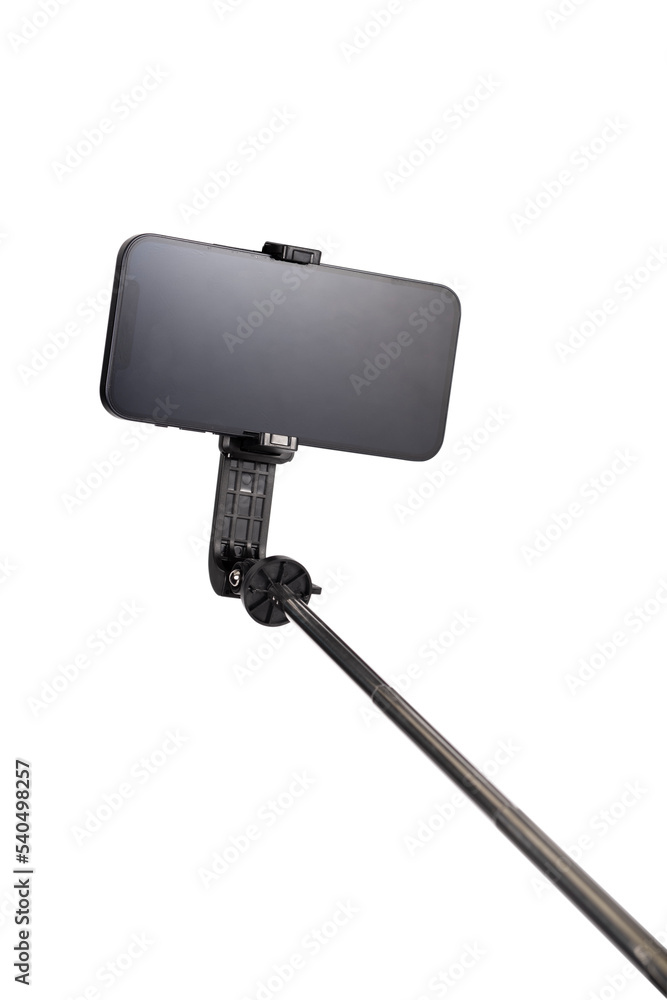 a selfie stick with an isolated phone without a shadow clipping contour, a mobile phone for the convenience of photographing, phone accessories on a white background are isolated a selfie stick with an isolated phone without a shadow clipping contour, a mobile phone for the convenience of photographing, phone accessories on a white background are isolated