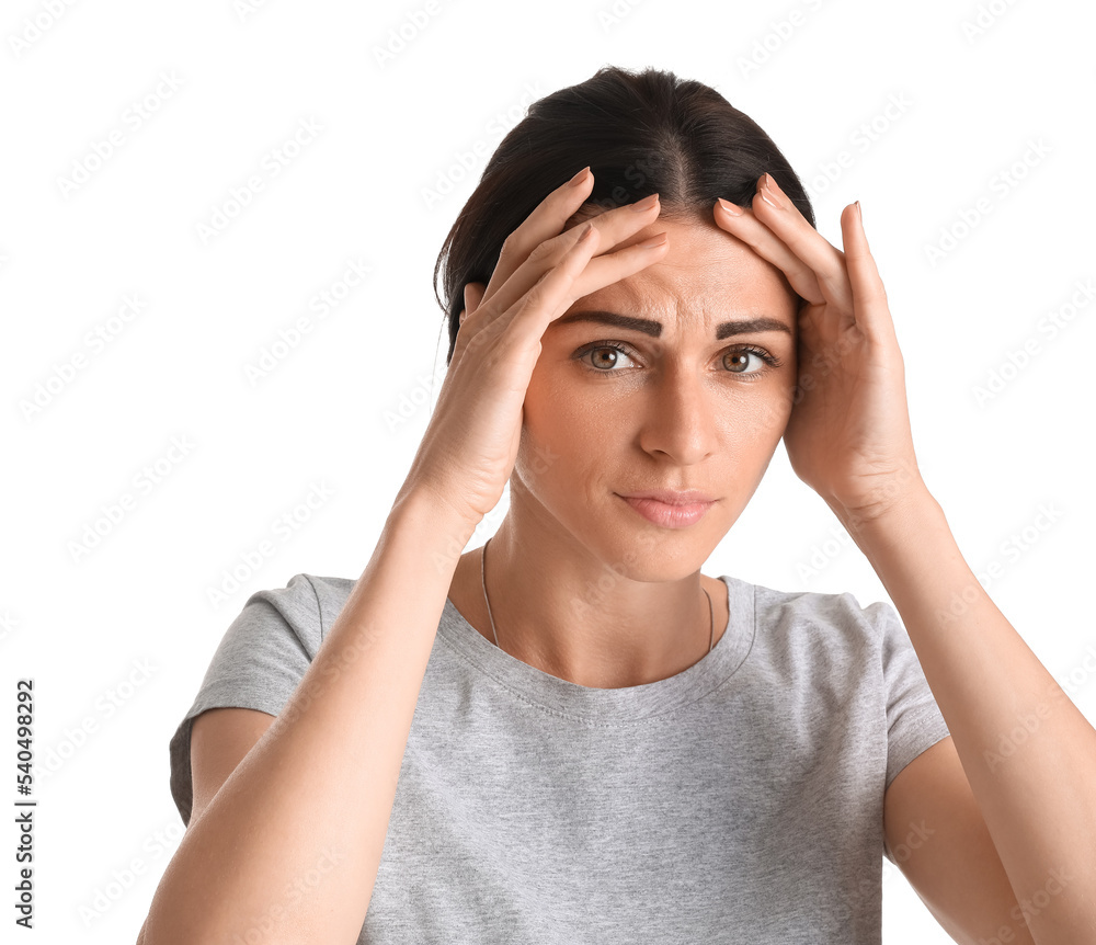 Stressed young woman on white background, closeup Stressed young woman on white background, closeup