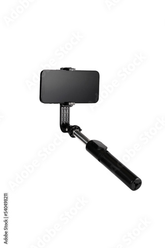a selfie stick with an isolated phone without a shadow clipping contour, a mobile phone for the convenience of photographing, phone accessories on a white background are isolated