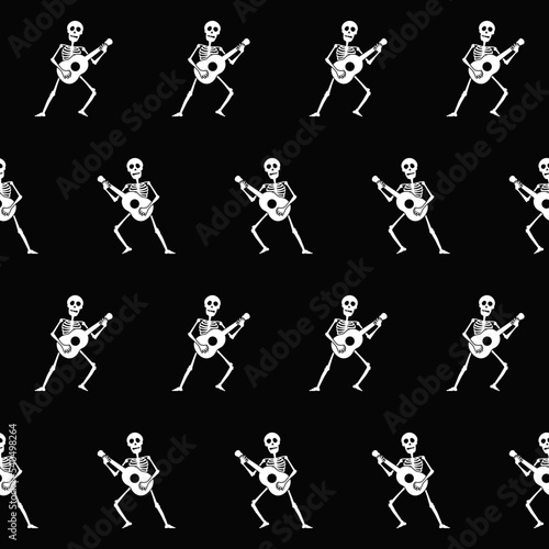 Skeleton guitarist seamless pattern. Musician for Halloween gift wrap, textile