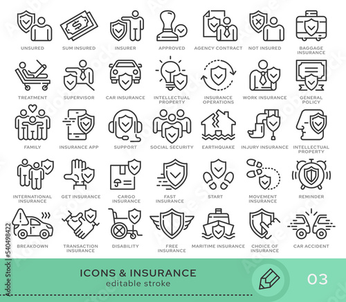 Set of conceptual icons. Vector icons in flat linear style for web sites, applications and other graphic resources. Set from the series - Insurance. Editable stroke icon.