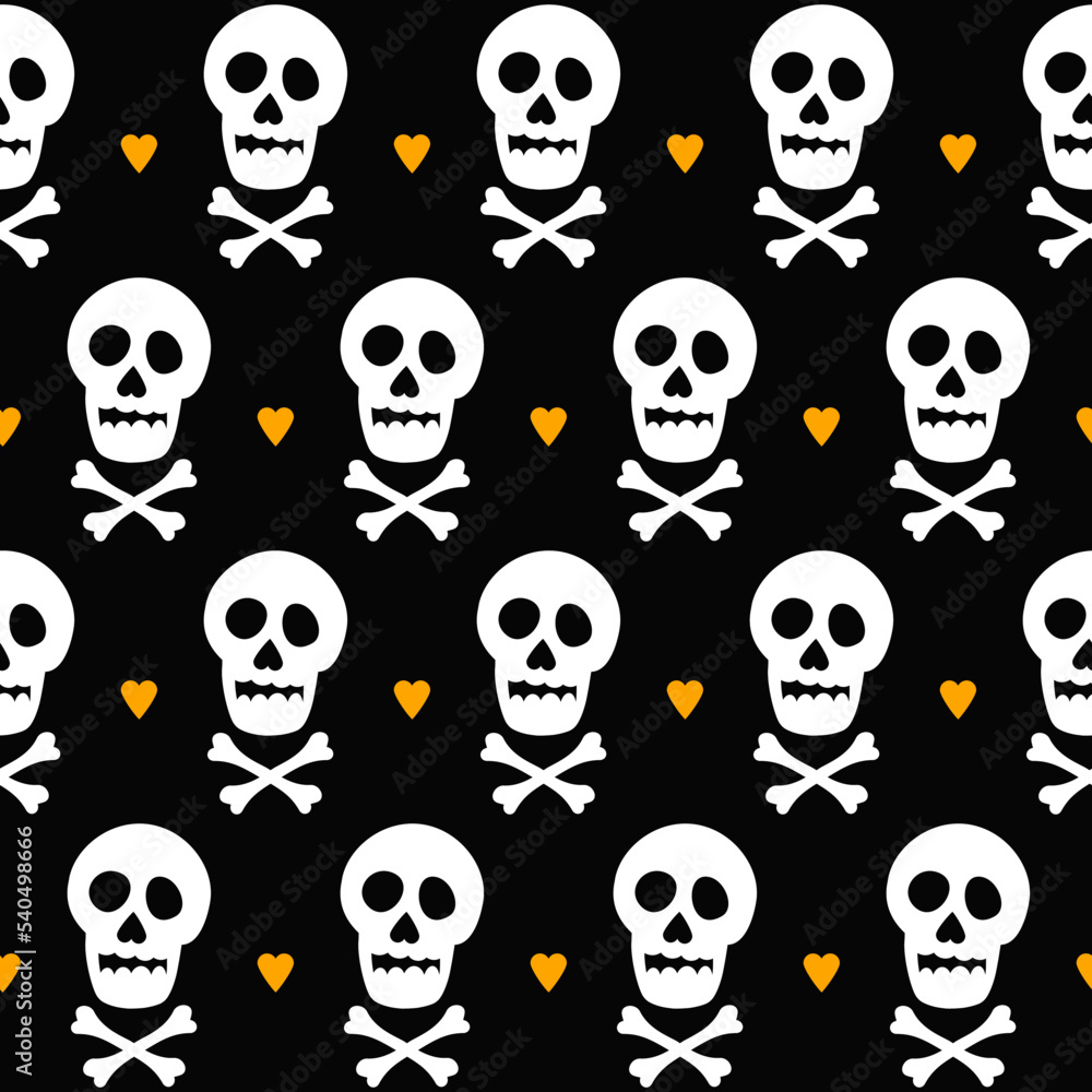 Skull crossbones and hearts, Halloween vector seamless pattern in black, white and orange color Skull crossbones and hearts, Halloween vector seamless pattern in black, white and orange color