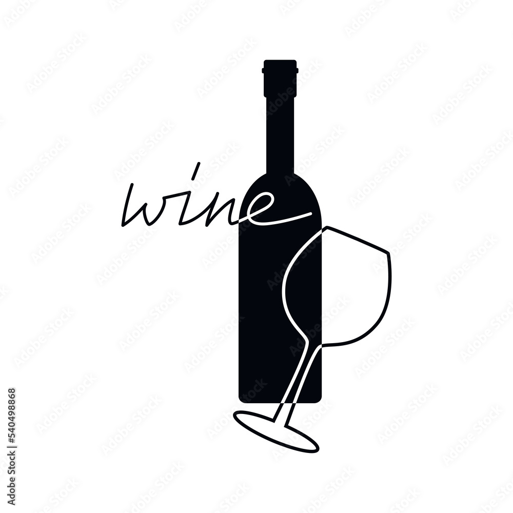 Silhouette of wine bottle and glass vector drawing illustration. Wine Time lettering. Hand drawn