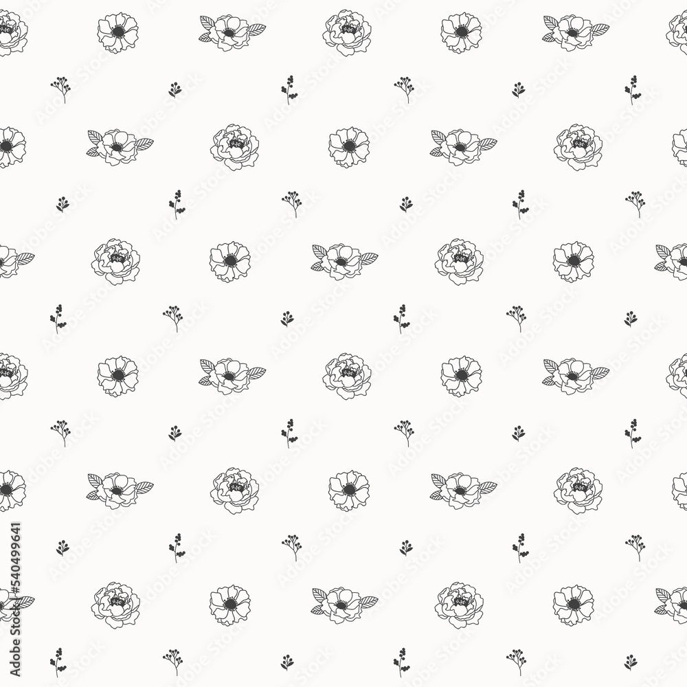 Tiny flowers seamless pattern. Black and white botanical background, monochrome line art. Wallpaper, minimalist fabric, textile for baby, girl, woman clothes, prints, wrapping, digital paper