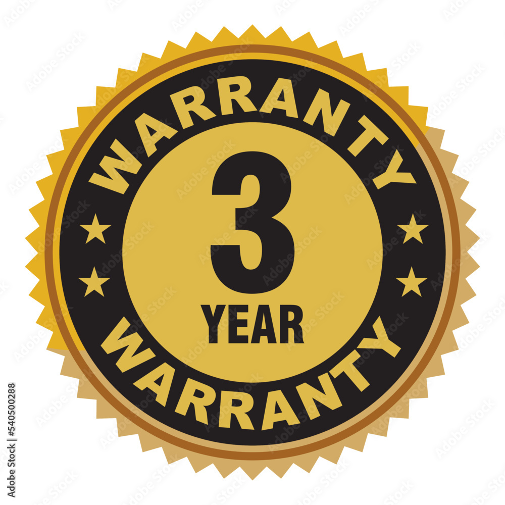 Tri year warranty icon, 3 year warranty badge, mark, seal, stamp, label.